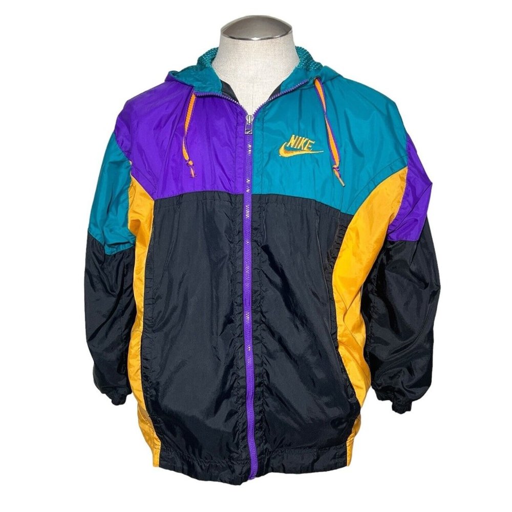 Nike Jacket Boys Large 14/16 Windbreaker Hoodie Color Block Zip Lined Hooded VTG